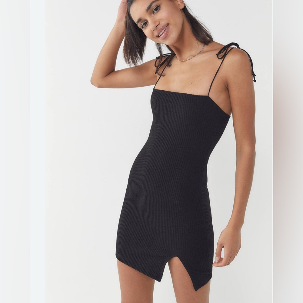 Motel Rocks Black Ribbed Tie-Shoulder Mini Dress